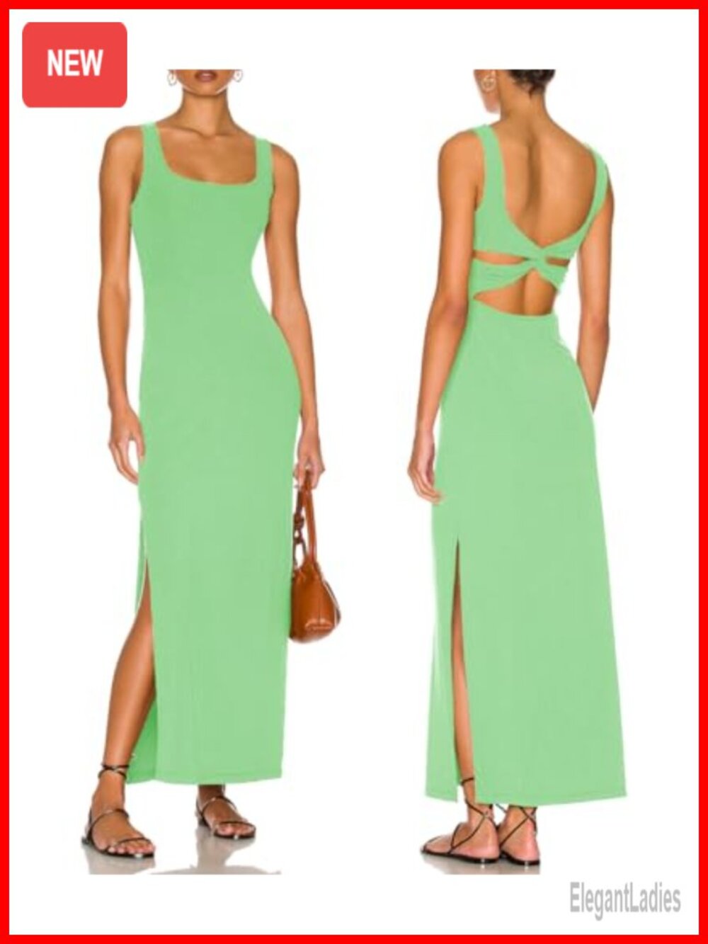 Women Backless Bodycon Maxi Dress High Side Slit Twist Back Tank Dress